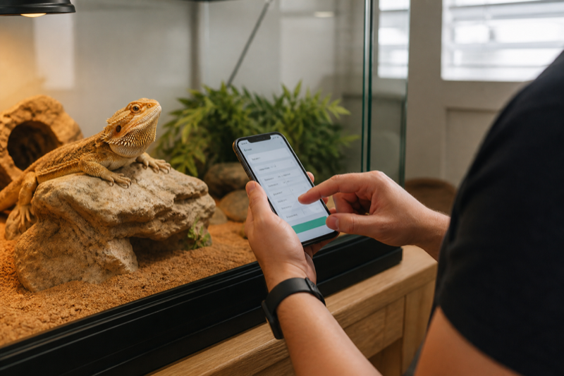 Keeper recording a reptile feeding event on a phone