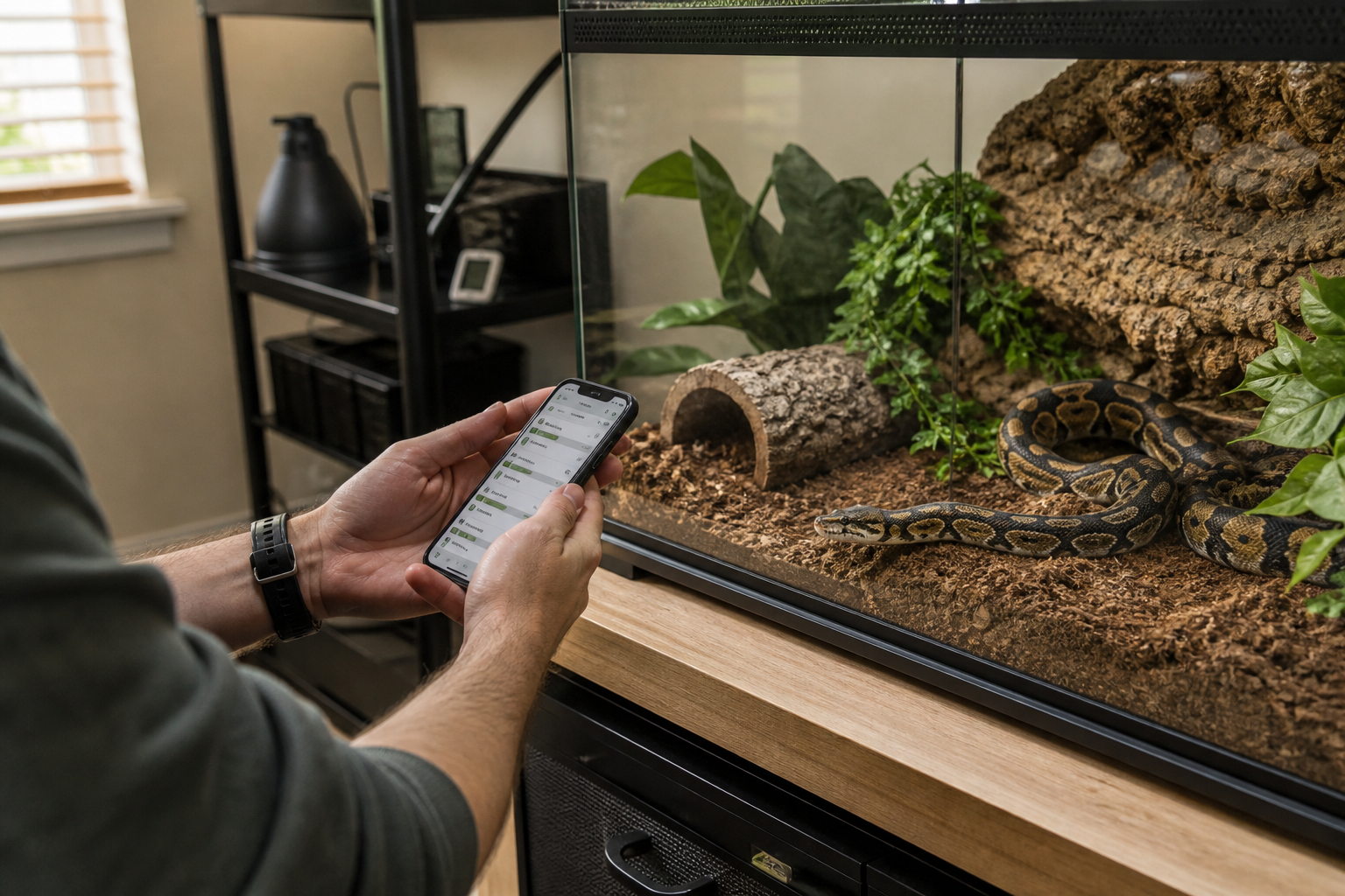 Keeper using a reptile tracking app beside an enclosure