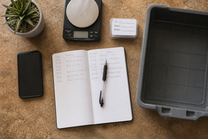 Reptile record keeping setup with phone notebook scale and handling tub