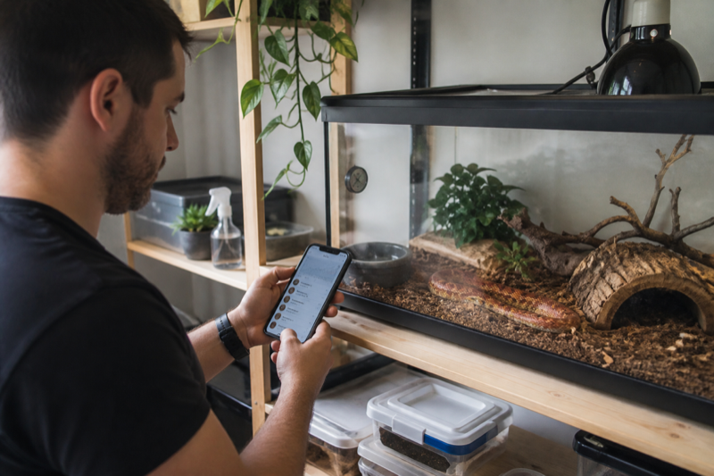 Snake keeper using a tracking app beside a corn snake enclosure