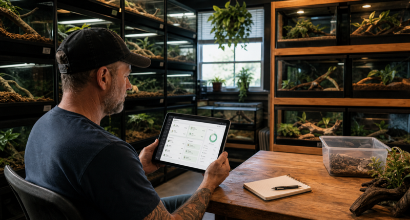 Breeder reviewing a reptile collection dashboard on a tablet