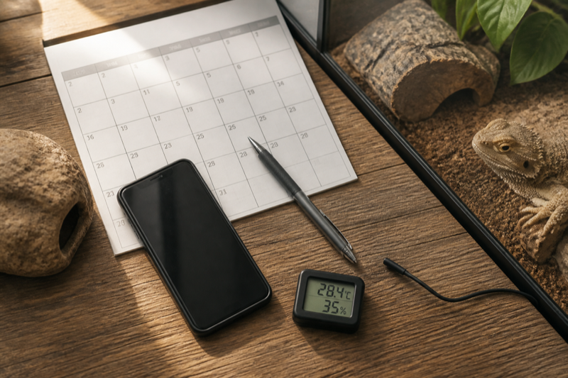 Phone calendar and thermometer beside a reptile enclosure