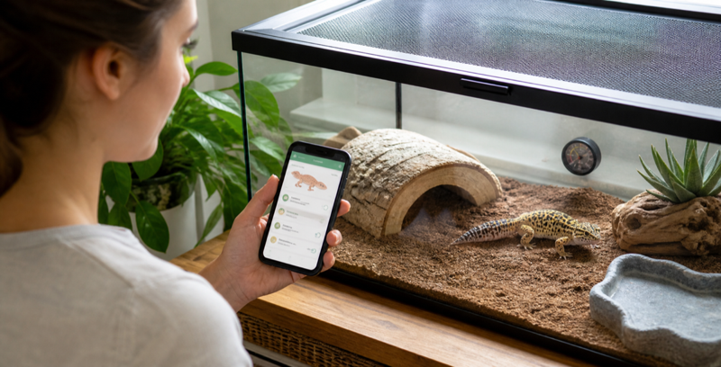 Keeper using a free reptile app beside a leopard gecko enclosure
