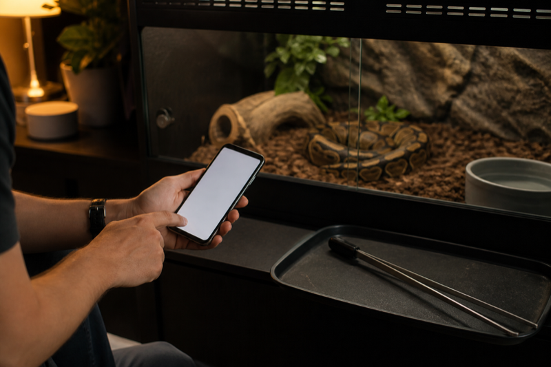 Keeper logging a feeding record beside a ball python enclosure