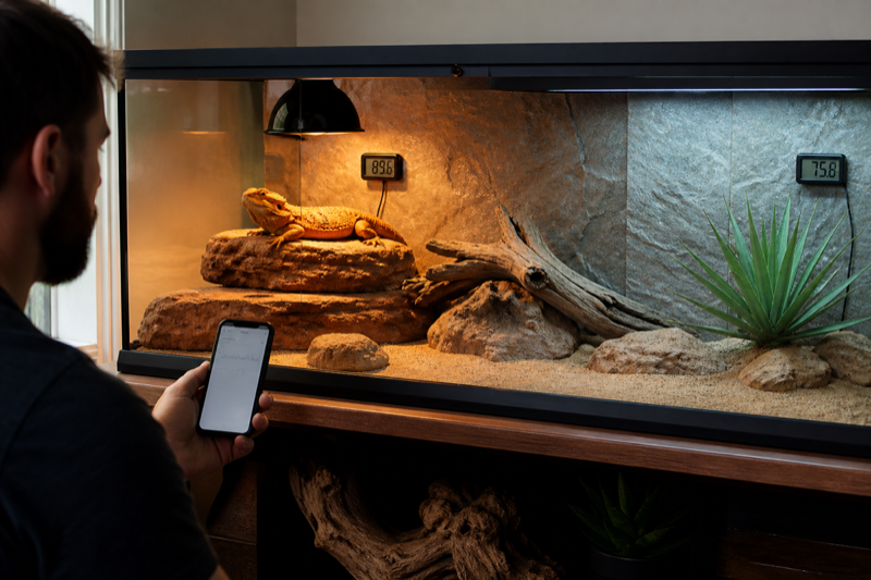 Keeper checking temperature readings in a bearded dragon enclosure