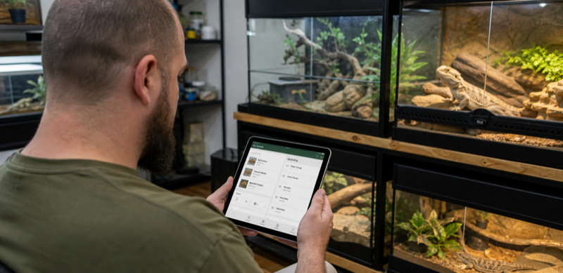 Keeper testing a reptile collection app on a tablet