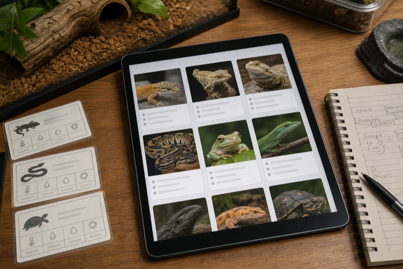 Generic animal profile grid on a tablet beside enclosure labels