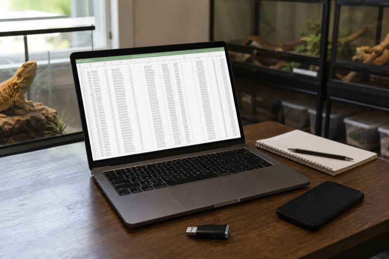 Laptop spreadsheet beside a phone during a reptile record export test