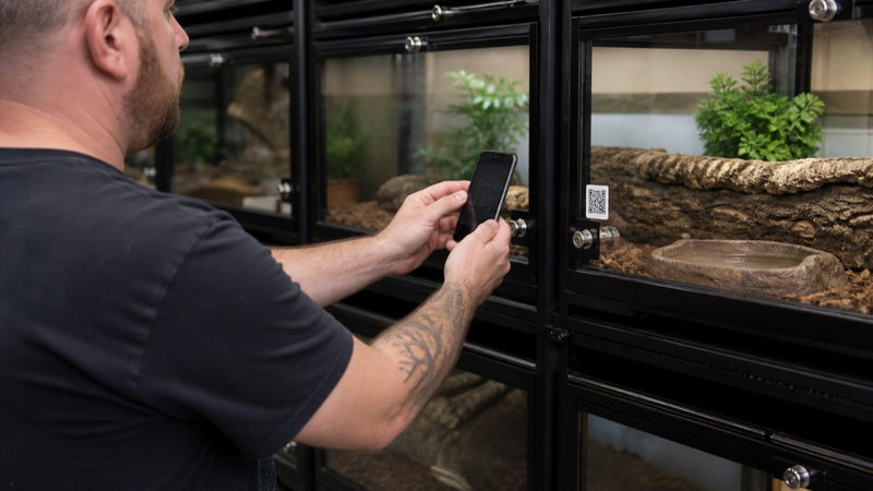Keeper scanning an enclosure QR label with a phone