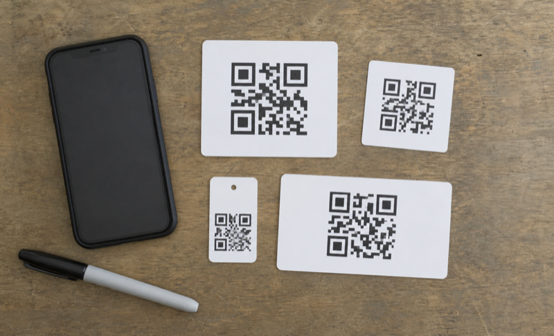 Enclosure identification cards with abstract QR patterns