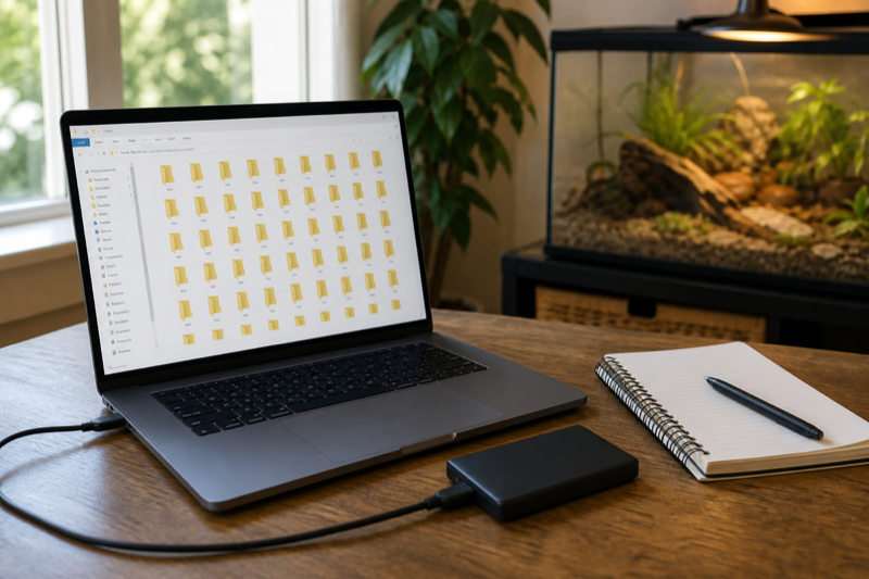 Reptile record backup files on a laptop and external drive