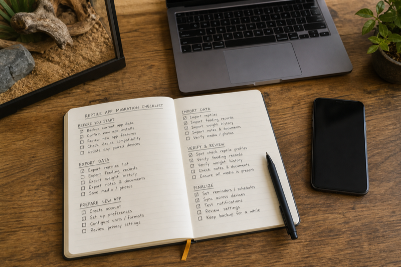 Checklist for switching reptile tracking apps