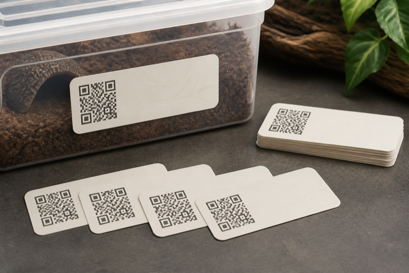 Durable reptile enclosure label with a nonfunctional QR pattern