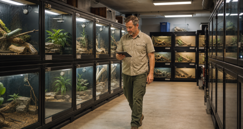 Keeper working in an organized large reptile collection