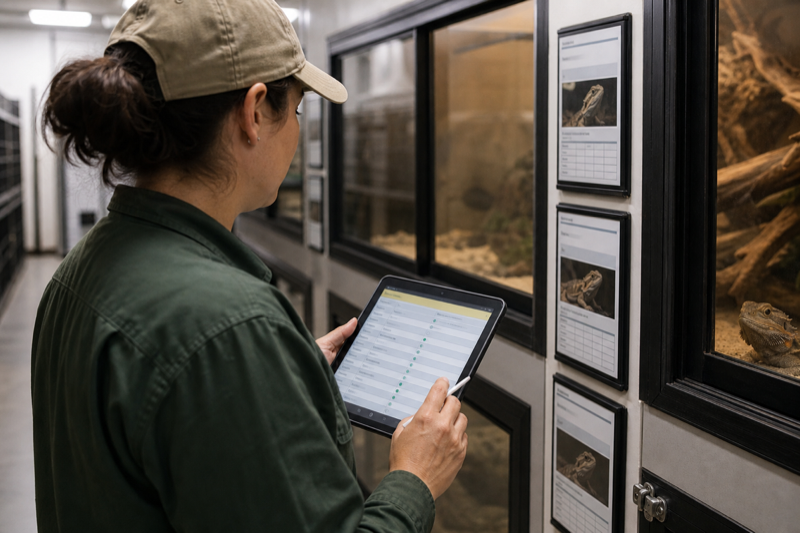 Keeper checking an exception list during reptile room rounds