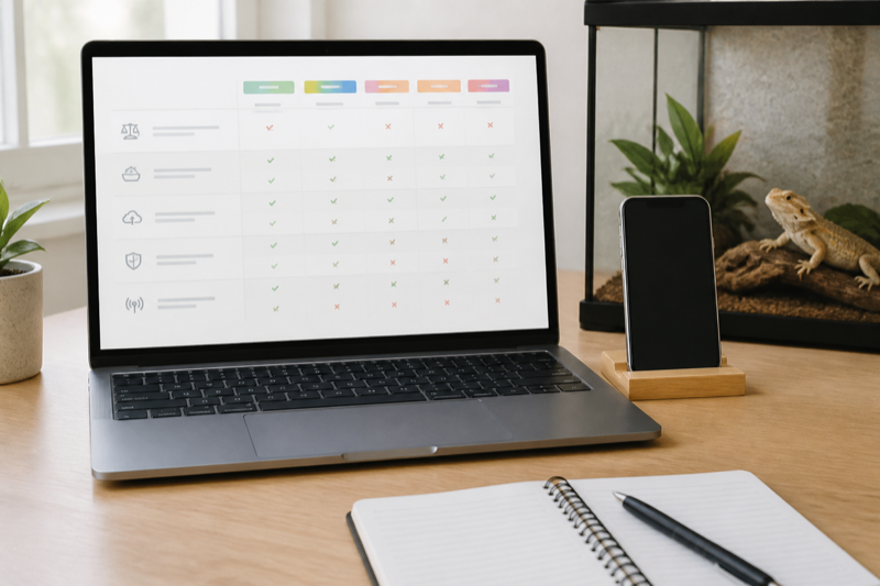 Structured comparison table for reptile app features