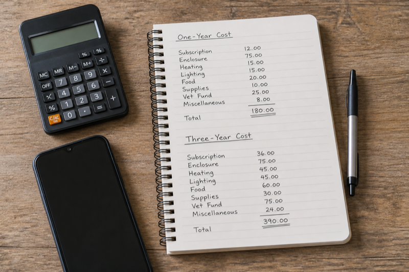 Notebook calculation of one year and three year reptile app cost