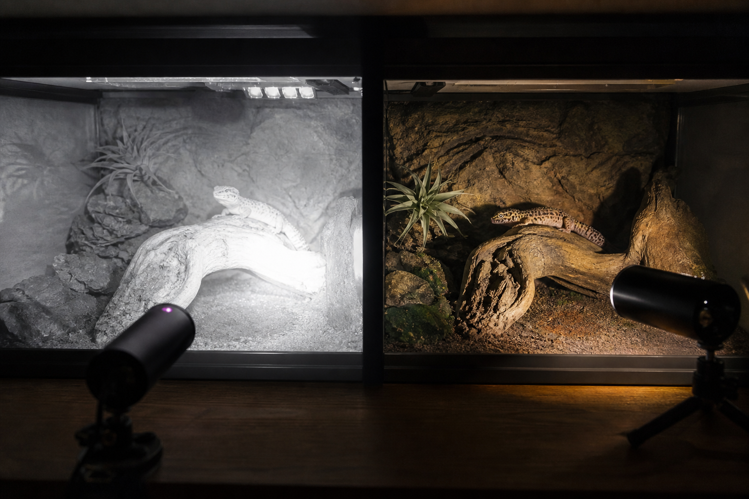 Night camera view before and after reducing infrared glare on terrarium glass