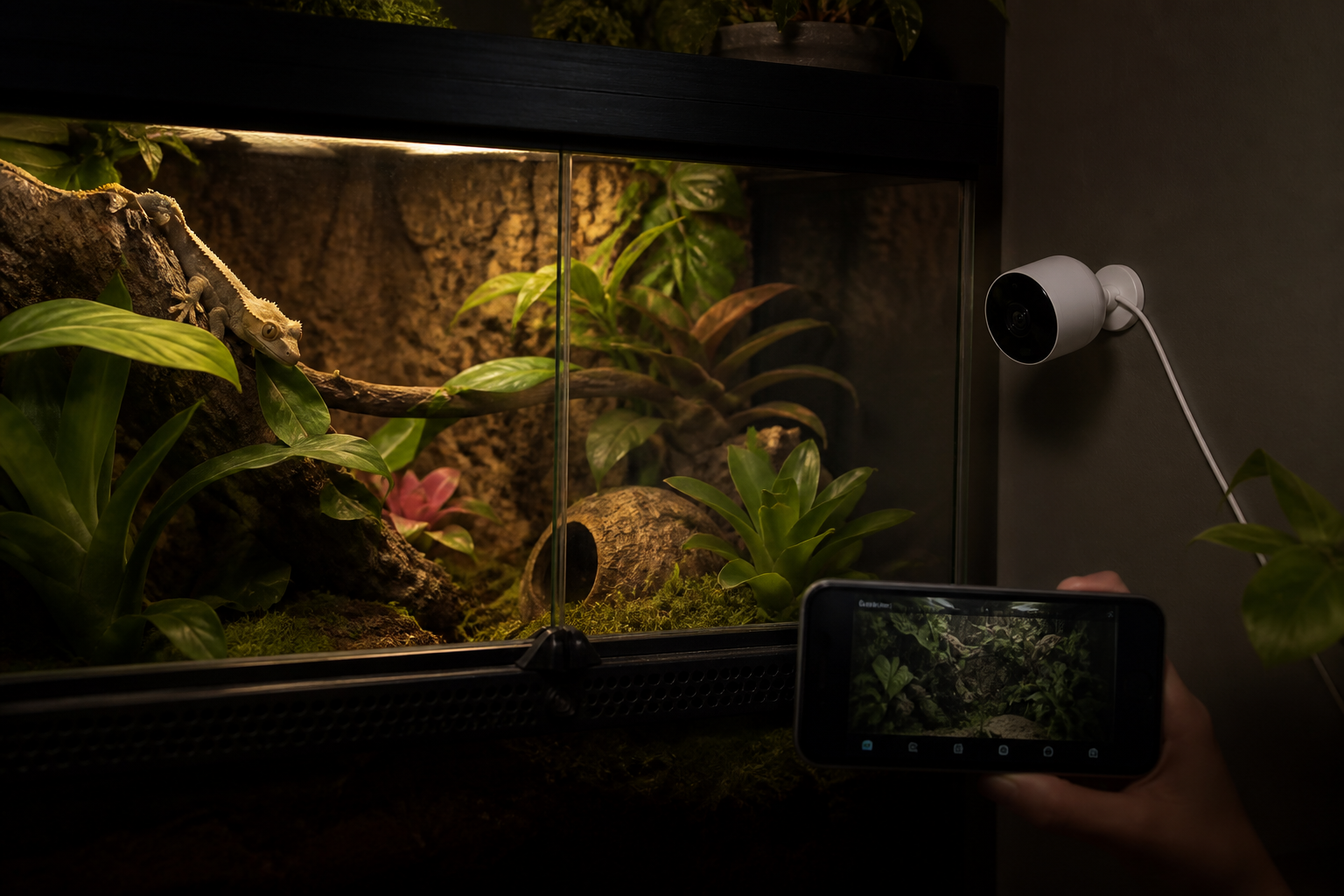 Compact camera safely mounted outside a planted gecko enclosure