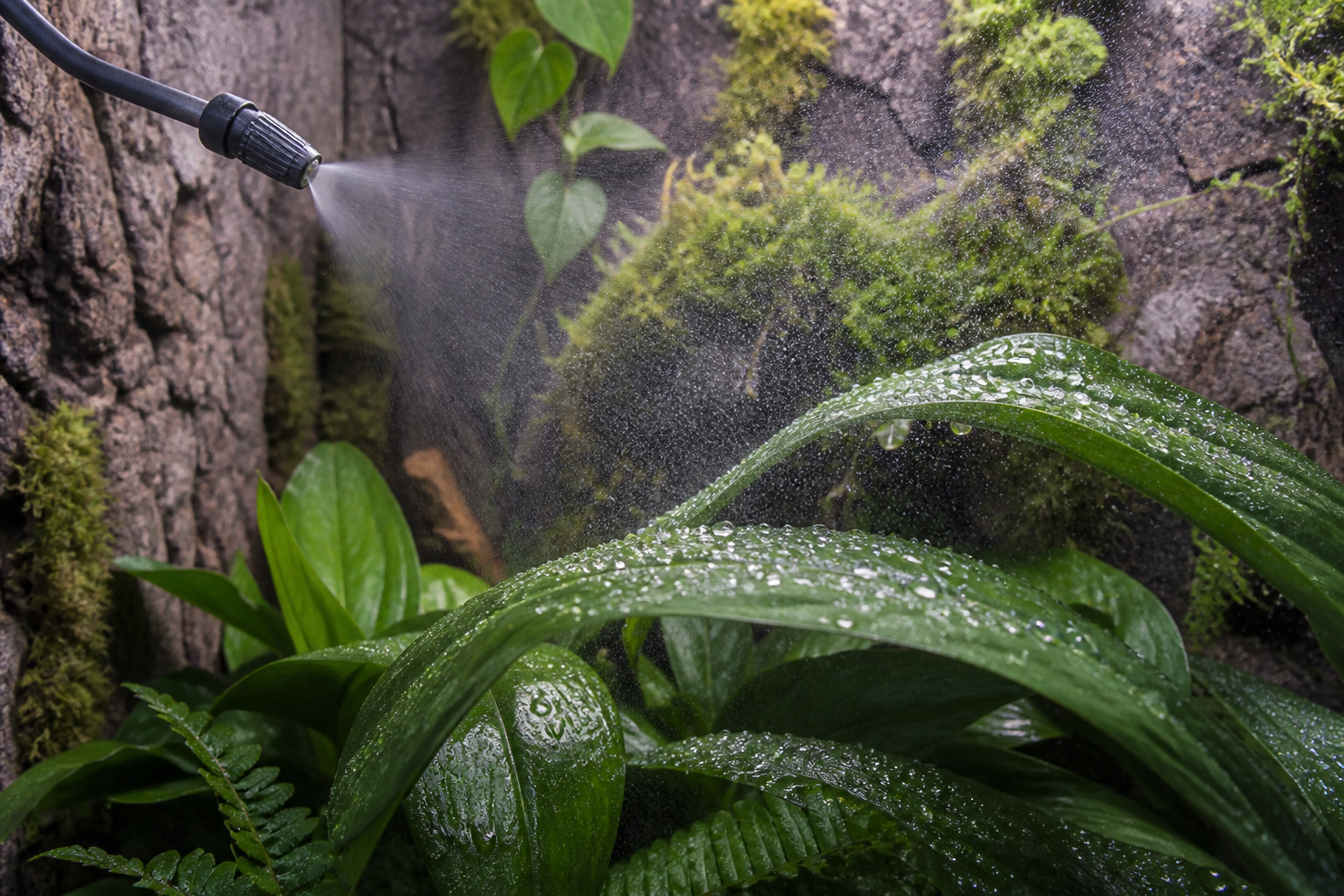 Fine mist nozzle wetting tropical leaves inside a gecko vivarium