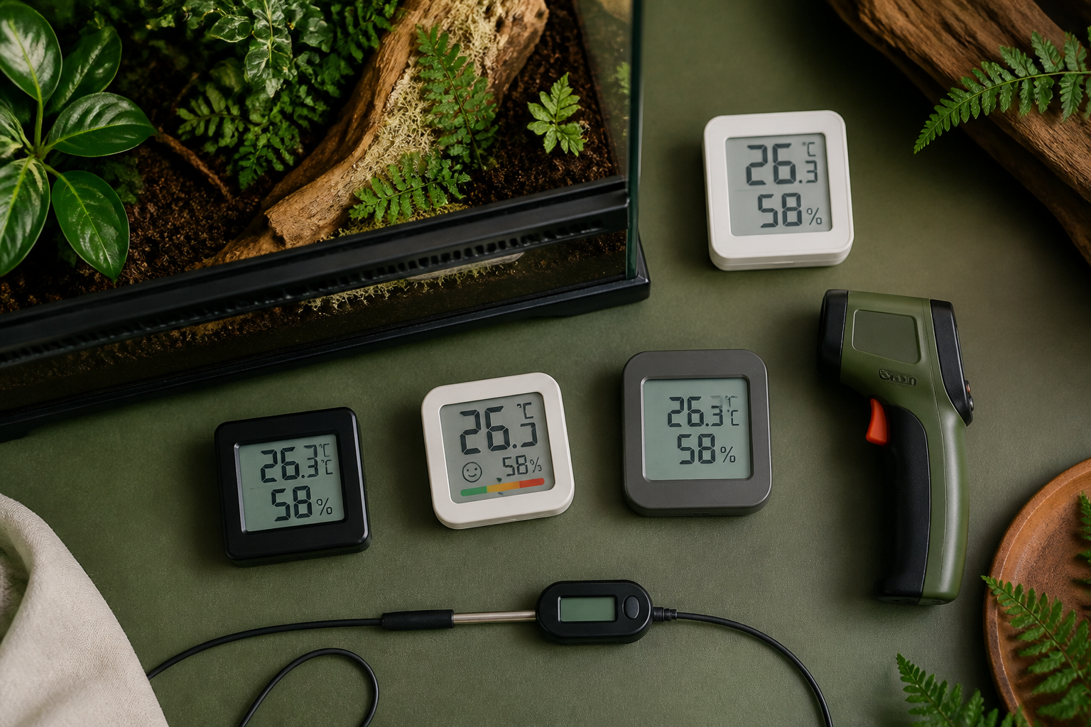 Digital thermometers and hygrometers compared beside a planted terrarium
