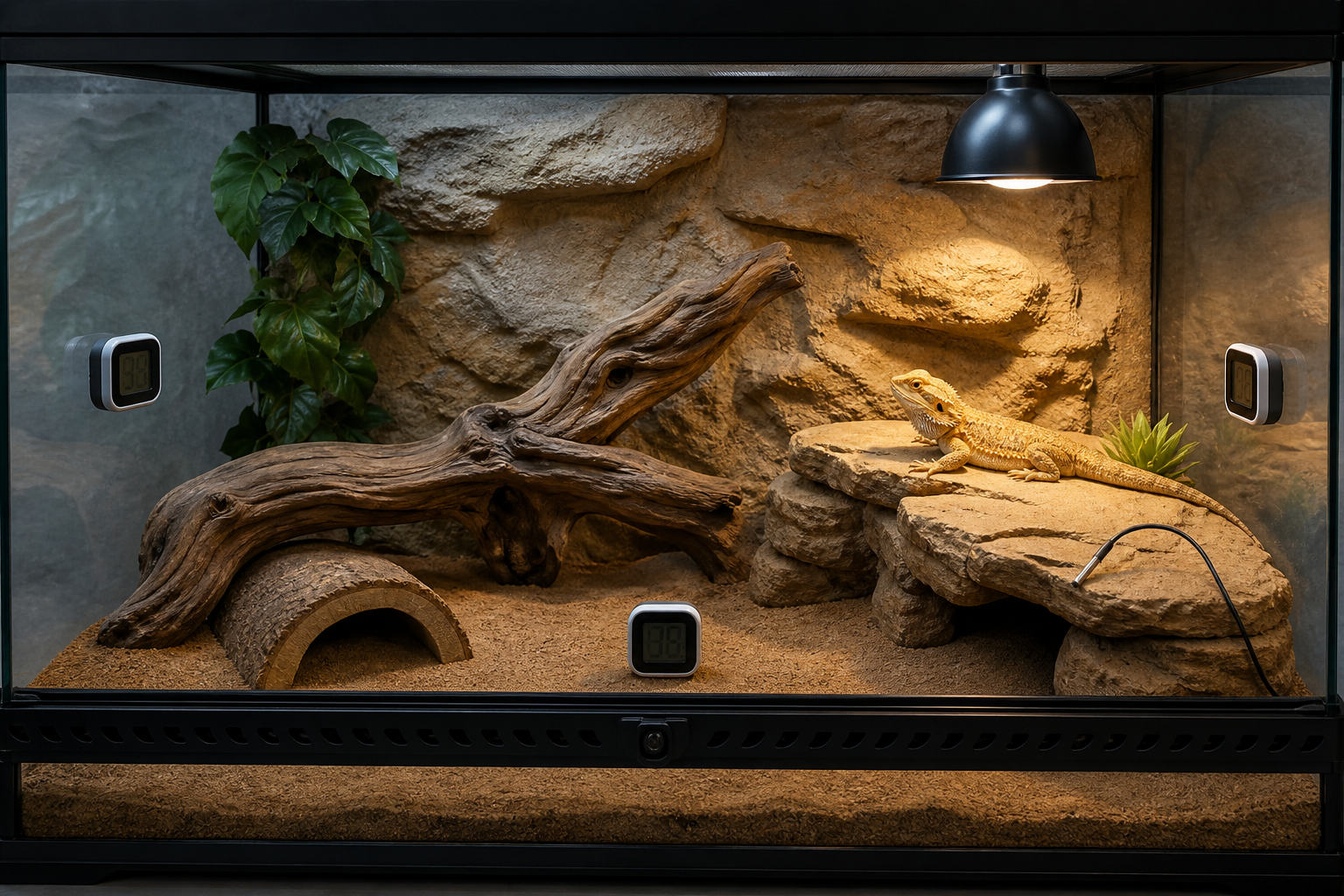 Warm-side and cool-side sensor placement in a reptile enclosure