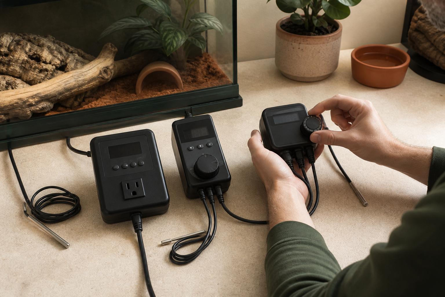 Reptile keeper comparing thermostat controllers beside a terrarium
