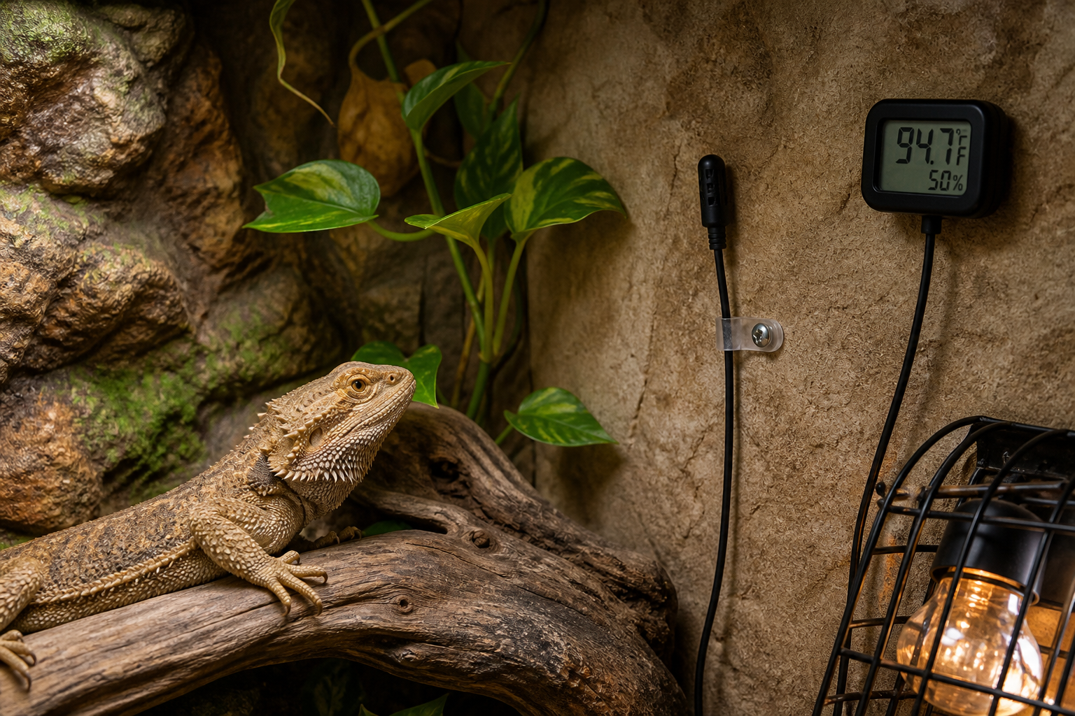 Secure thermostat probe and independent sensor inside a reptile enclosure