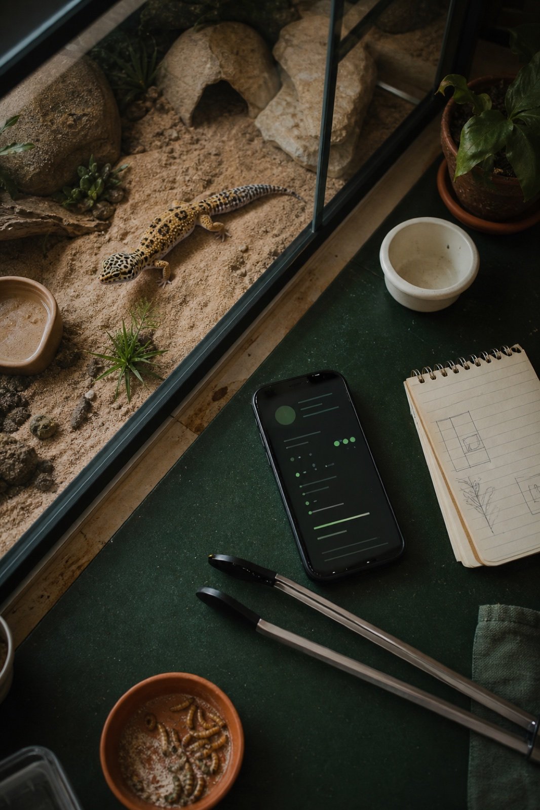 Reptile care app beside a leopard gecko enclosure
