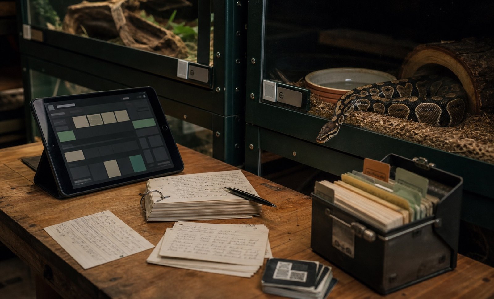 Digital and paper reptile breeding records beside an enclosure
