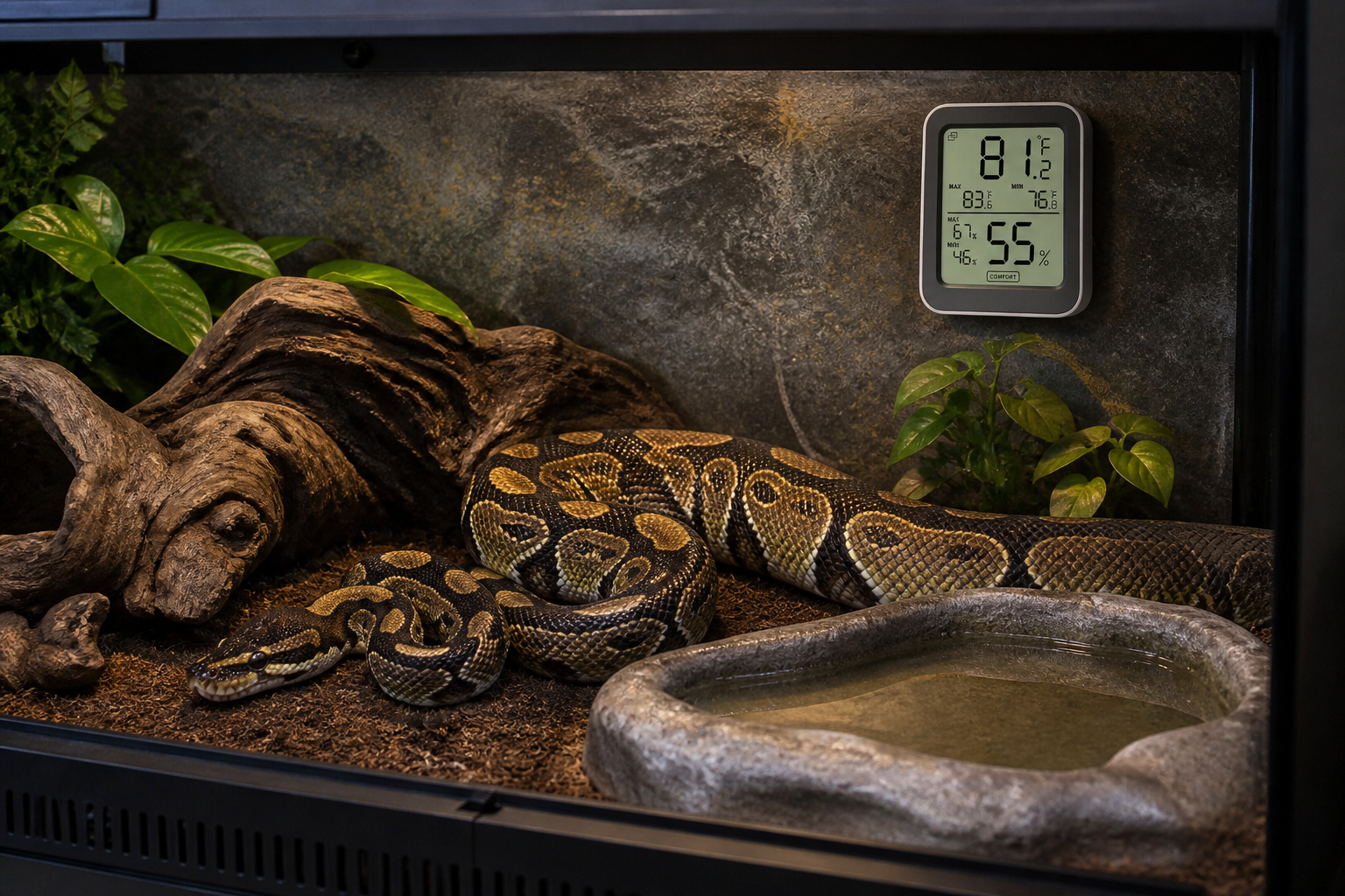 Compact Bluetooth thermometer hygrometer mounted in a snake enclosure