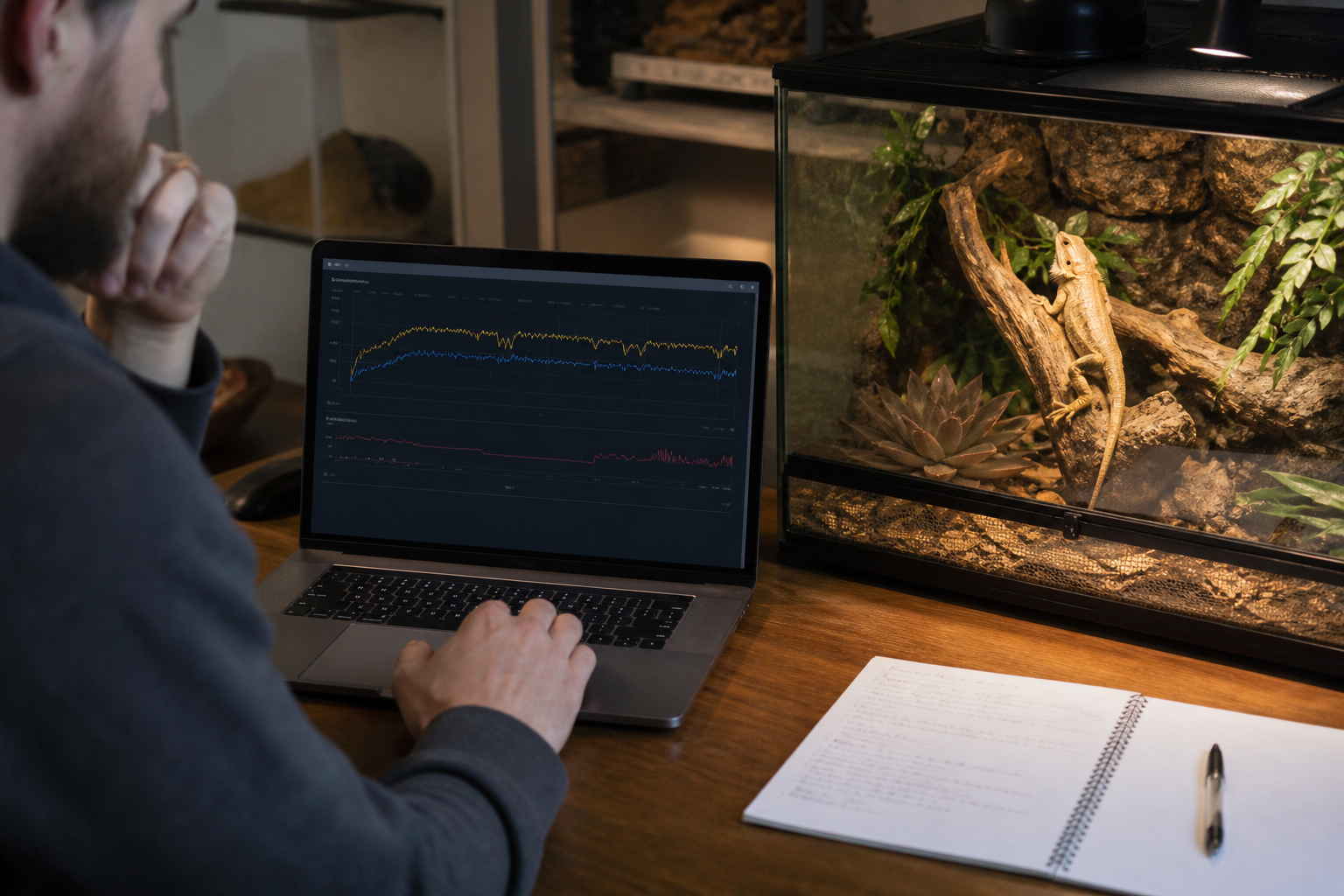 Keeper reviewing reptile enclosure temperature history on a laptop