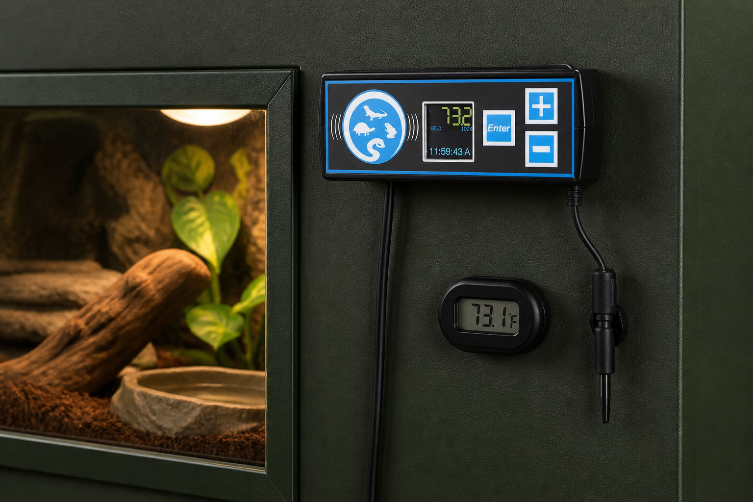 Single-output proportional thermostat installed outside a reptile enclosure