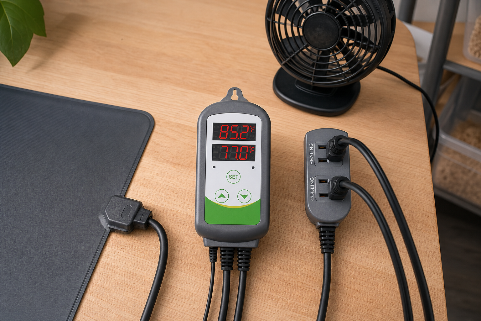 Dual-stage on-off temperature controller beside reptile heating equipment
