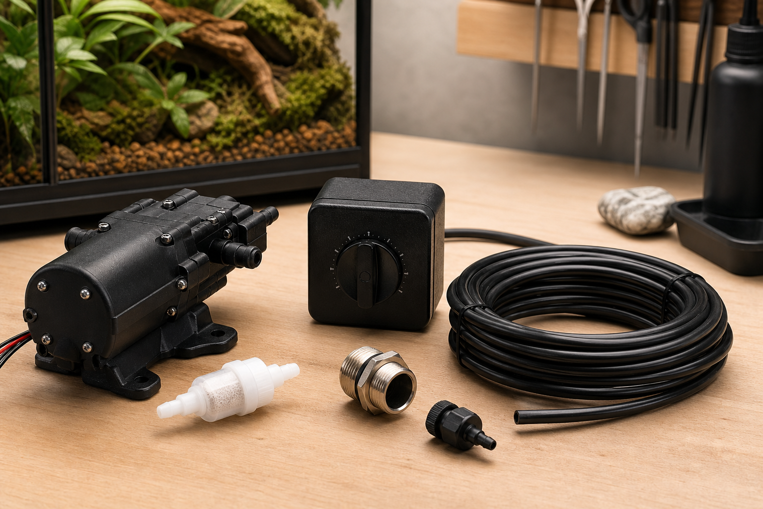 Terrarium misting starter kit with pump timer tubing and nozzle