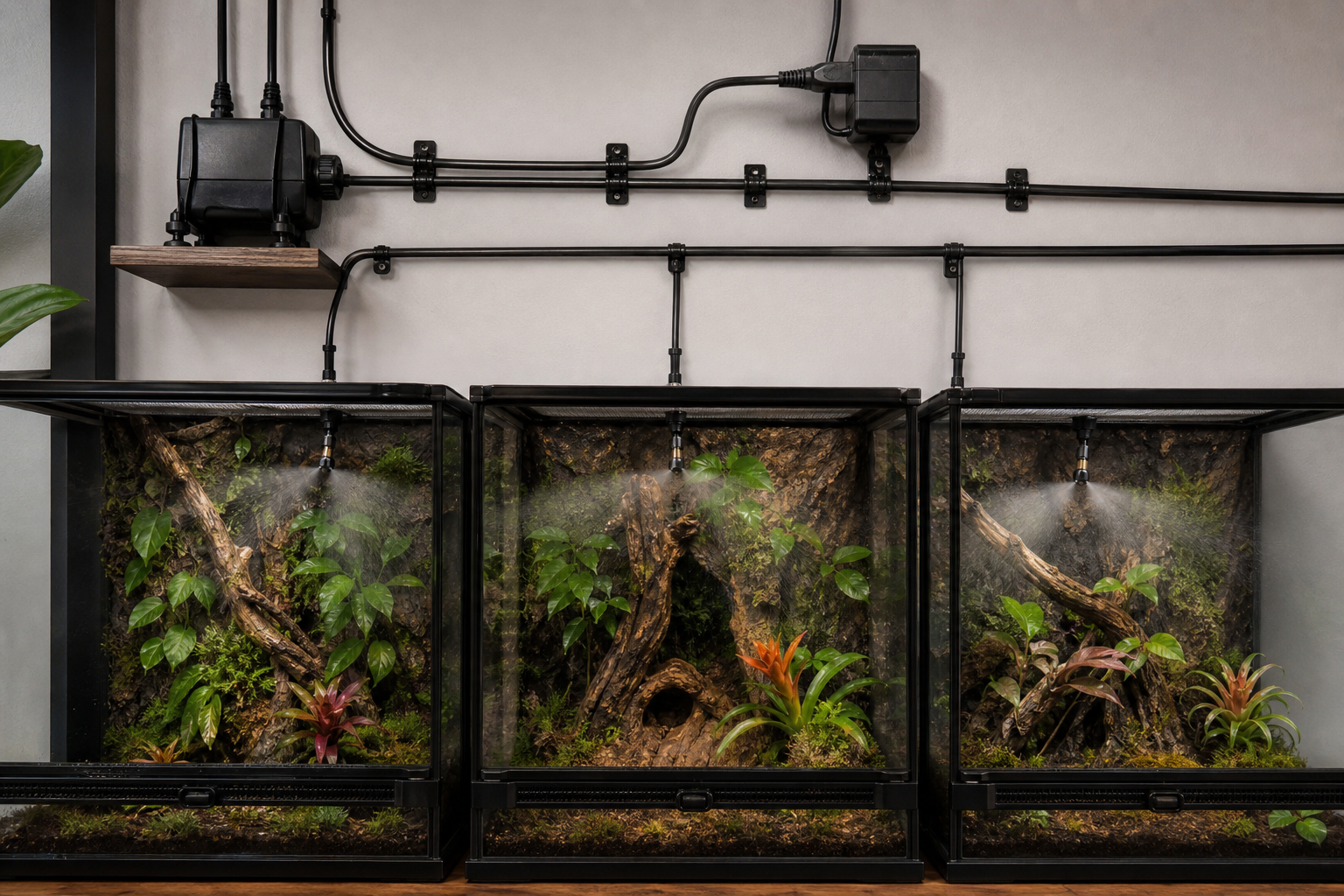 Neatly routed misting lines serving several planted reptile enclosures