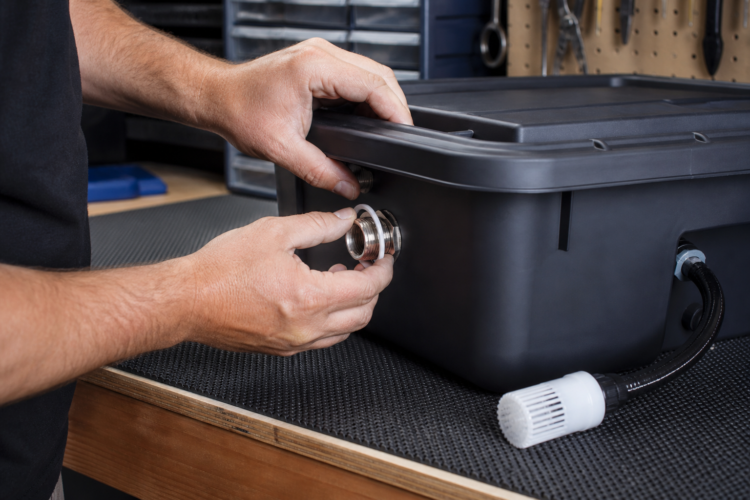Installing a sealed bulkhead into an opaque misting reservoir
