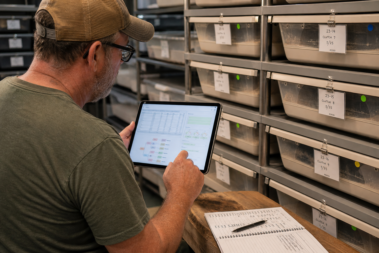 Breeder reviewing clutch and pedigree records beside labeled incubation tubs