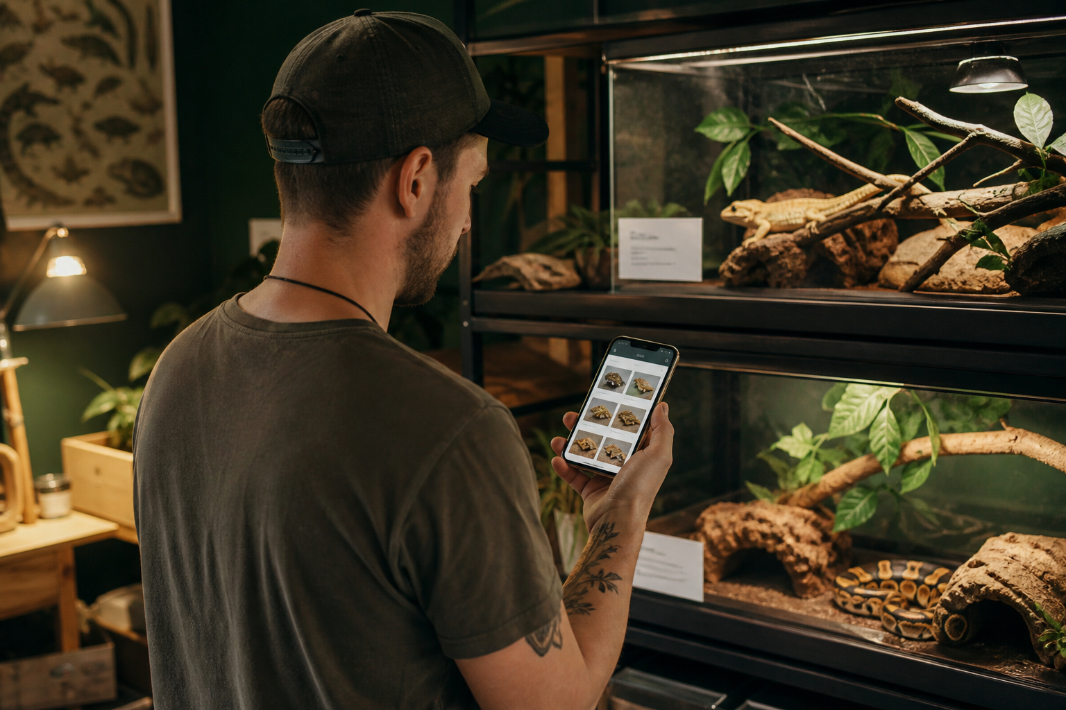 Keeper using a reptile husbandry tracking app beside organized enclosures