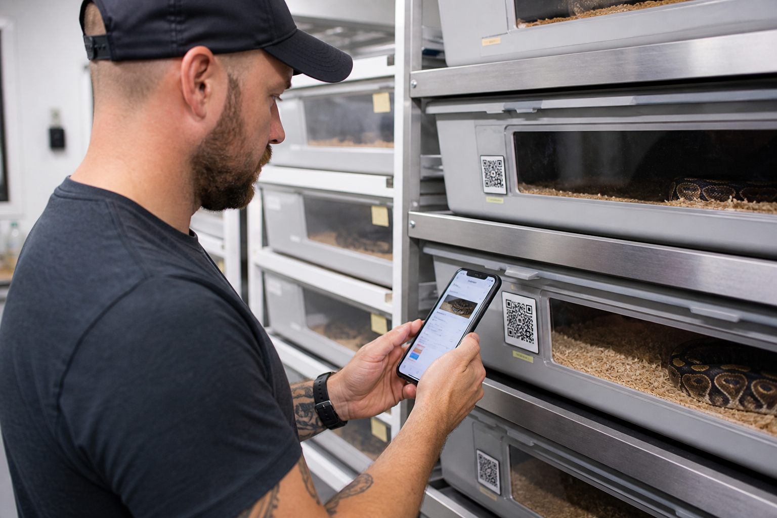 Keeper scanning a QR enclosure label to open an animal record