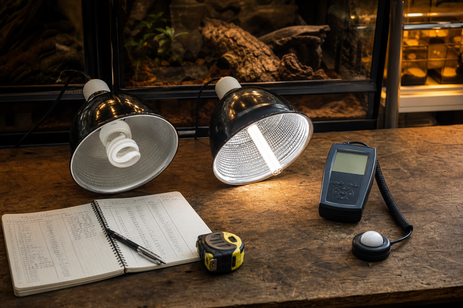 Repeatable UVB lamp aging check with meter and notebook