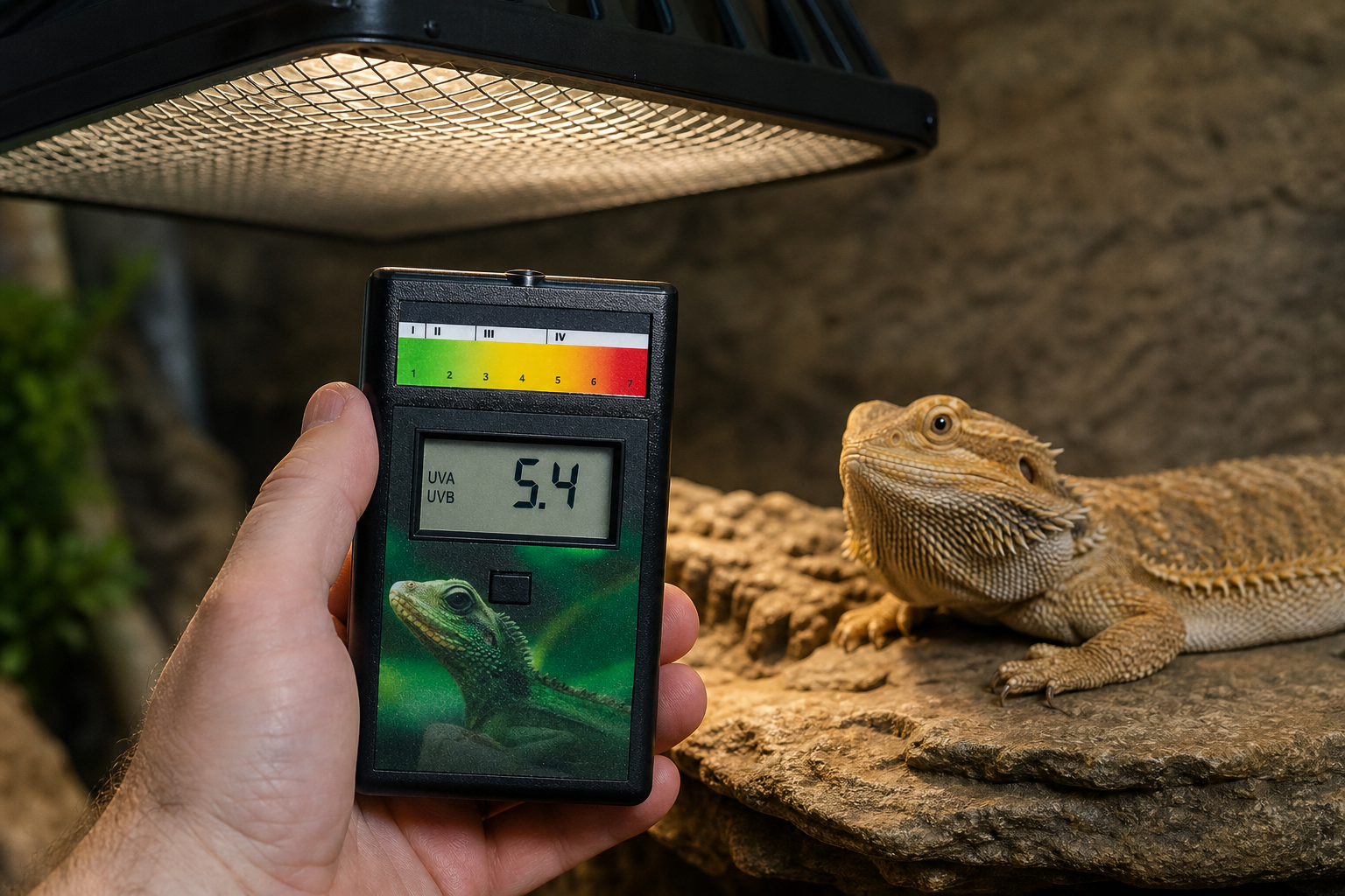 Keeper measuring UV Index at a reptile basking position